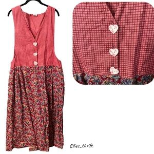 Burgundy Floral Gingham Pinafore Dress 80s 90s Vintage Layering Midi with Pocket